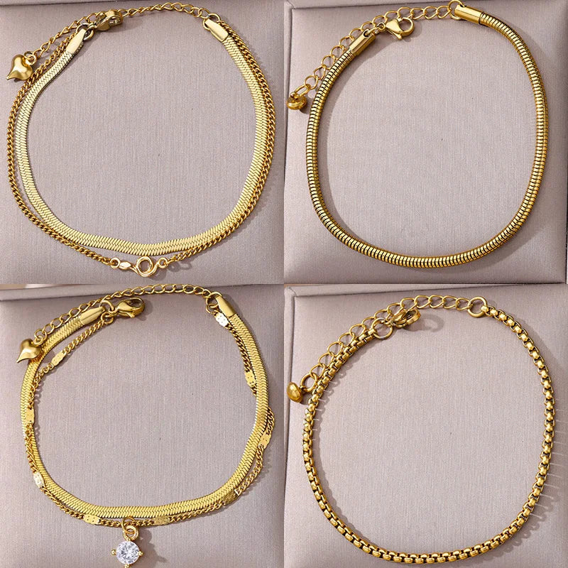 Zircon Circle Bead Anklets For Women Gold Color Stainless Steel Anklet Double Snake Chain Summer Beach Accessories Jewelry Gift