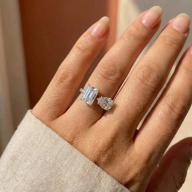 Hot New 925 Sterling Silver Pear Cut Emerald cut Simulated Diamond Wedding Party Vintage Adjustable  Ring Fine Jewelry Gifts