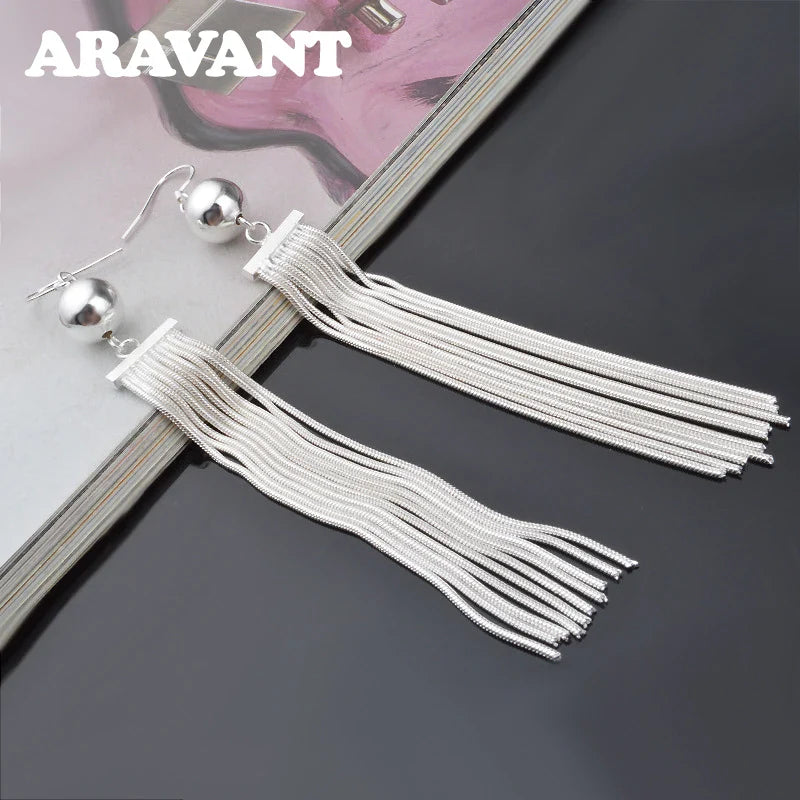 Aravant 925 Silver Bead Long Drop Earring For Women Fashion Wedding Jewelry