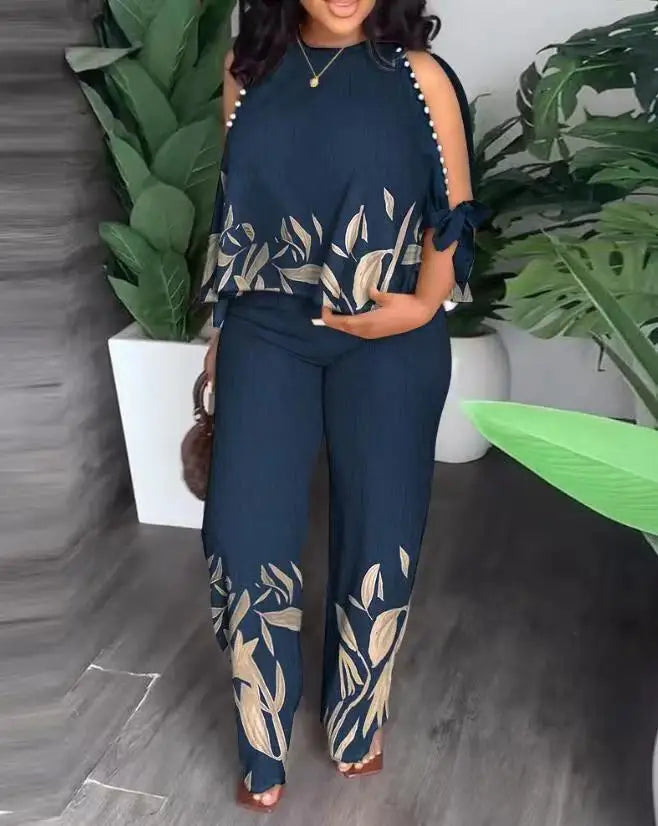Women Two Piece Set Cold Shoulder Top and Straight Leg Pants - Image 8