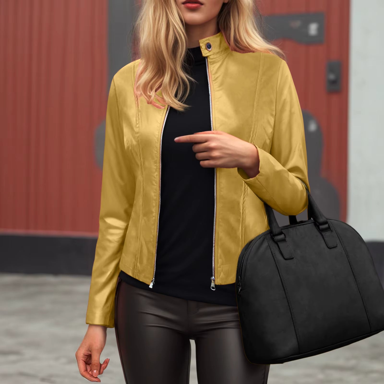 Women's Slim Fit Faux Leather Moto Jacket Biker Coat - Image 11