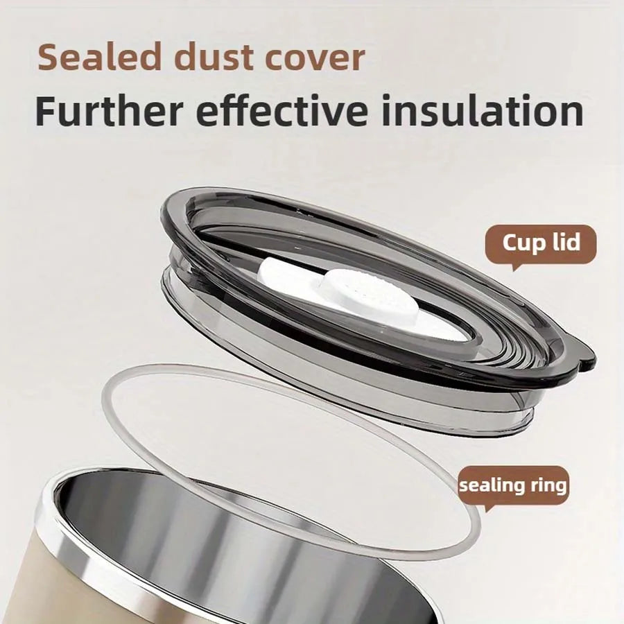 Stainless steel mug with lid, large-capacity office cup, brewed drinking cup, household coffee cup for men and women.