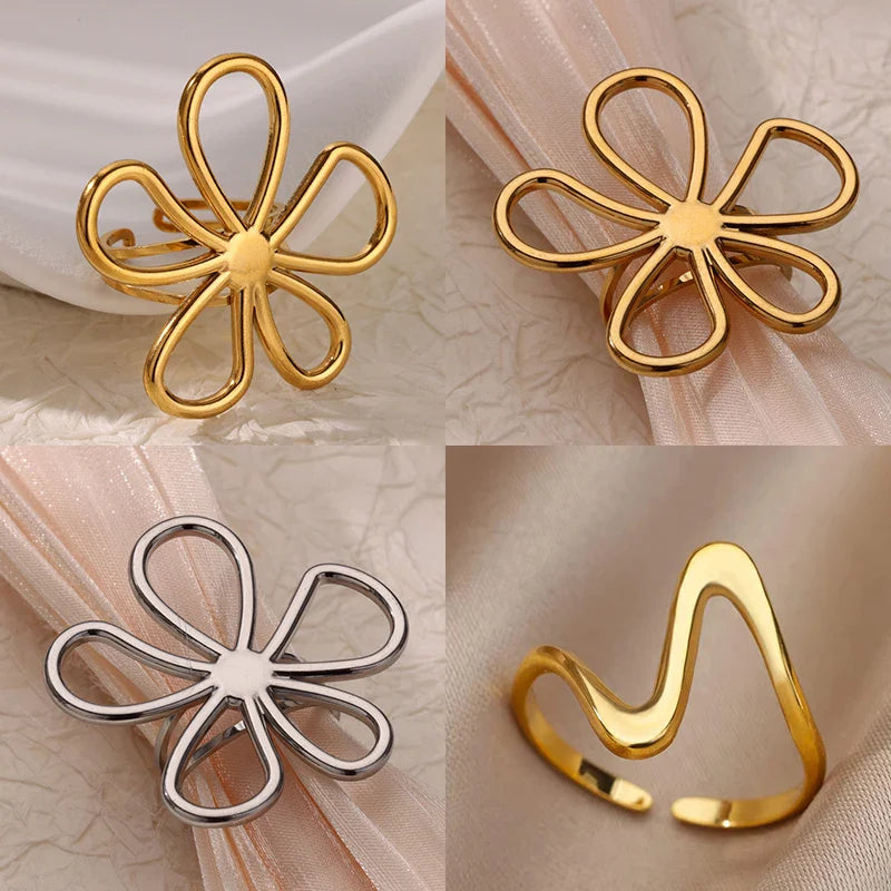 Stainless Steel Hollow Flower Open Rings for Women Trendy Aesthetic Wedding Couple Ring Femme Jewelry Accessories Gift anillos