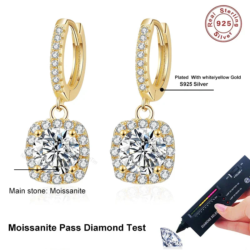 NeeTim 1ct Moissanite Drop Earrings S925 Sterling Silver with Gold Plated Wedding Jewelry With Certificate Hoop Dangle Earrings