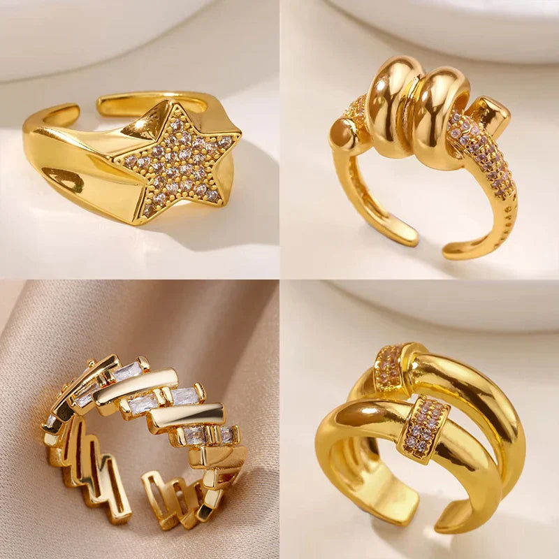 Zircon Star Knot Rings For Women Gold Color Stainless Steel Geometric Adjustable Finger Rings Wedding Couple Jewelry Gifts