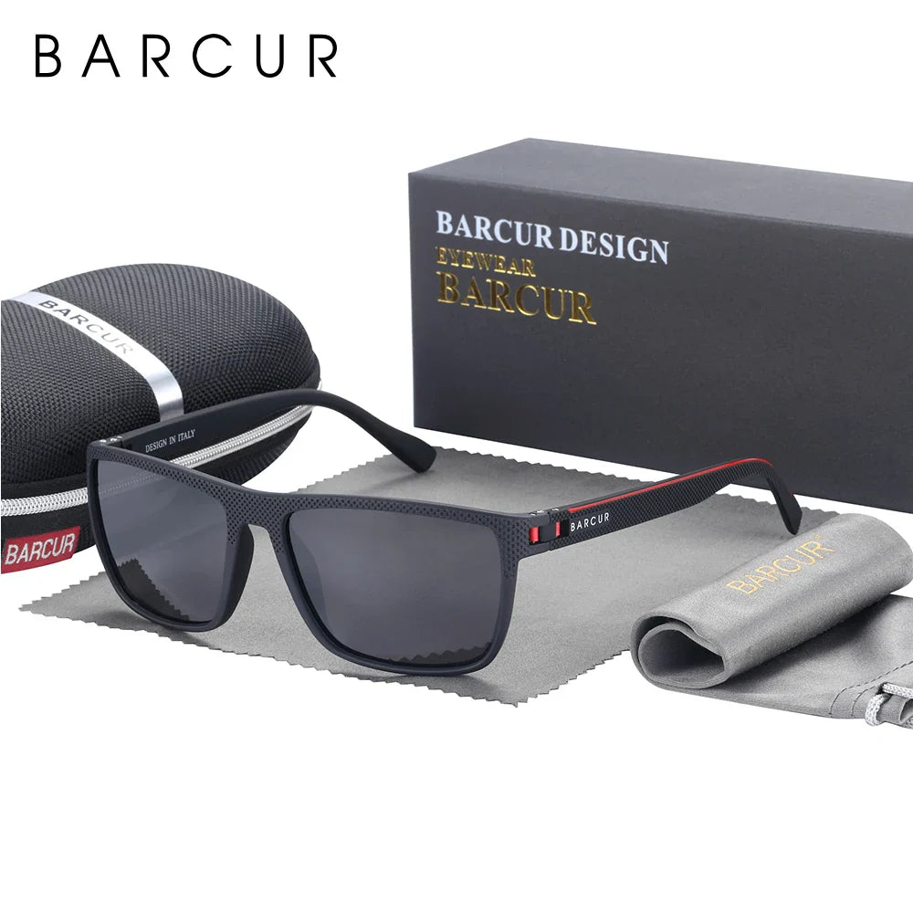 Sporty polarized fishing sunglasses with black and blue square frame