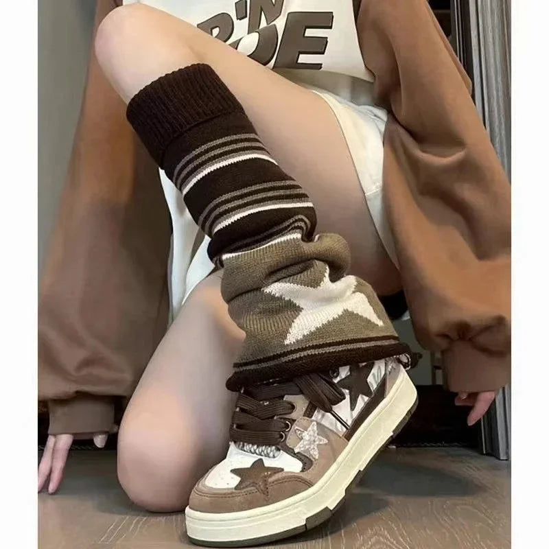 Y2K Punk Knitted Leg Warmers Black White Heart Star Argyle Style - Image 12