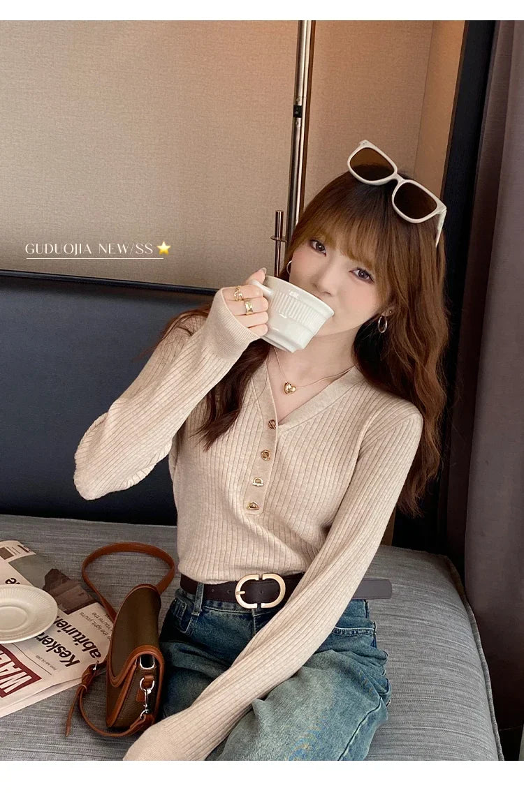 Women Beige Ribbed Button Down Long Sleeve Knitted Pullover Top - Image 20