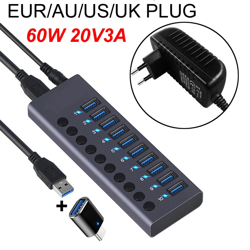 10-Port USB 3.0 Hub, 5Gbps Data Transfer Docking Station with 60W Power