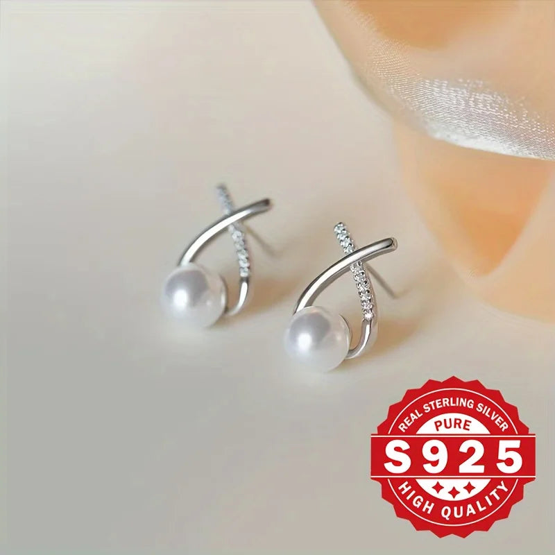 S925 silver, women's cross-tail shellfish pearl earrings, inlaid with synthetic zircon, elegant and suitable for daily wear