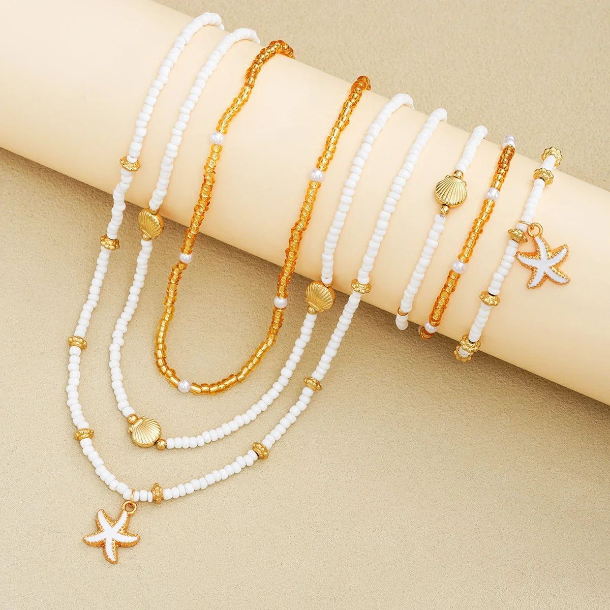 6Pcs/Set Rice Beaded Shell Starfish Pendant Necklace Bracelets Bohemian Elegant Gold White Color Jewelry Set Holiday Accessories