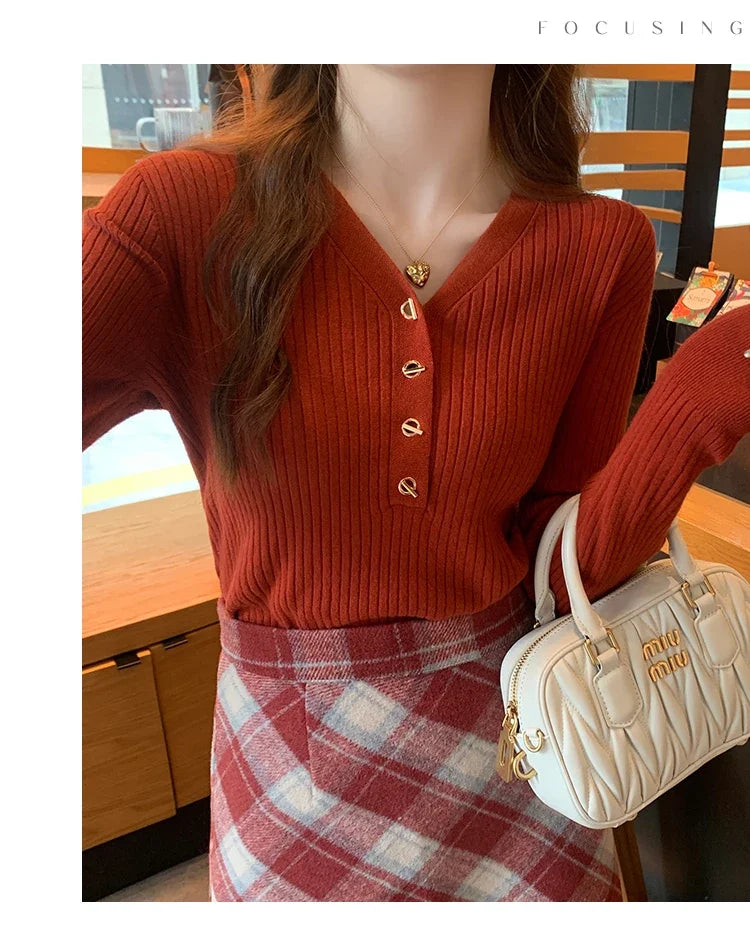 Women Beige Ribbed Button Down Long Sleeve Knitted Pullover Top - Image 12