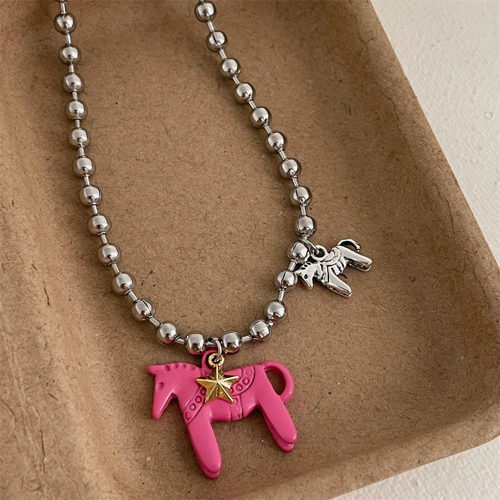 LATS White Black Green Blue Pink Color Enamel Colt Horse Pendant Necklaces for Women Silver Plated Alloy Beads Chain Chokers