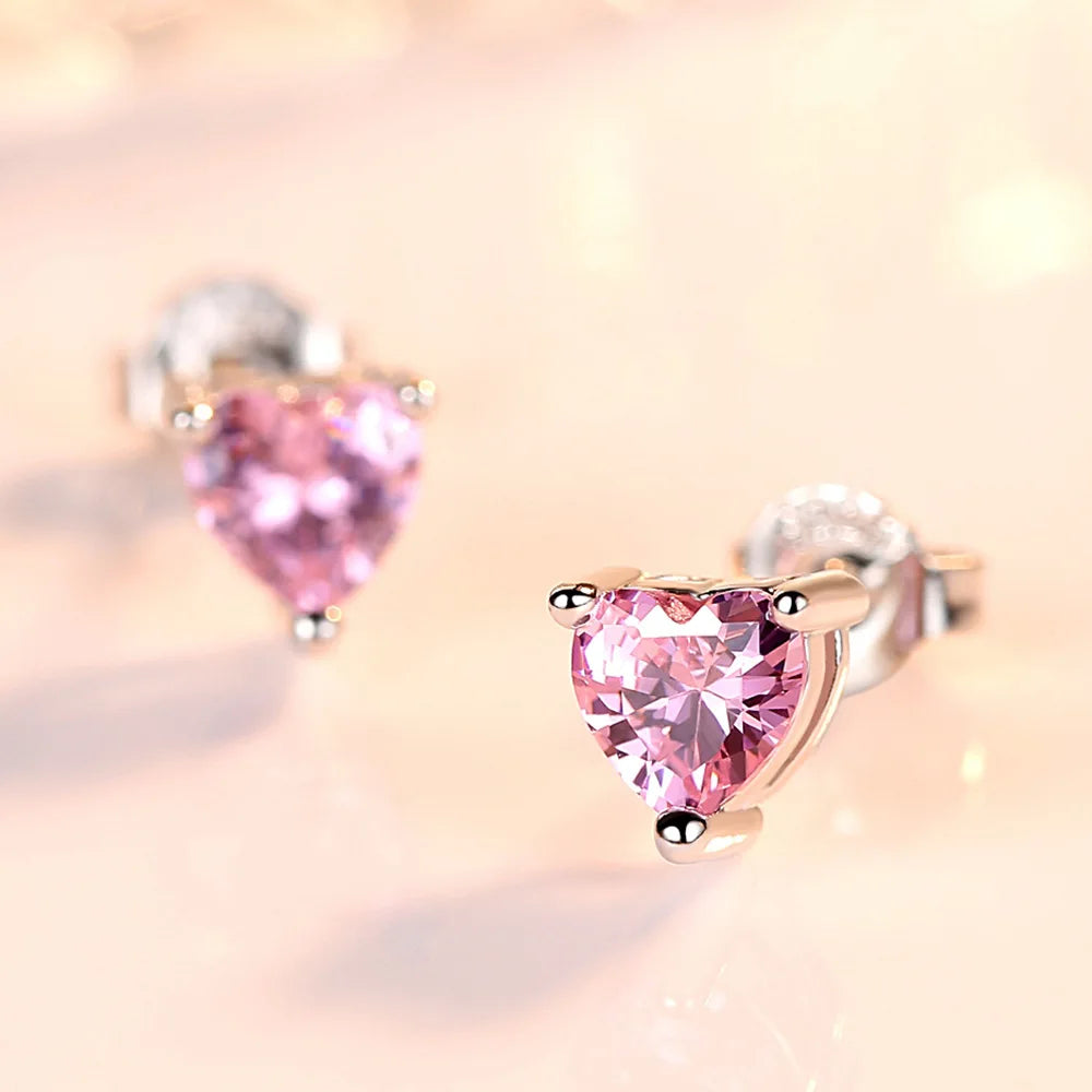 925 Sterling Silver Pink Red White Purple Heart Zircon Stud Earrings For Women Engagement Piercing Jewelry Accessories Money 925