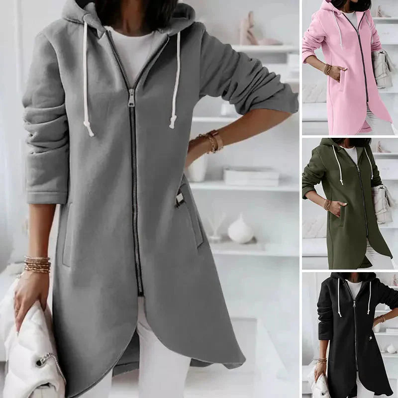 Collage of long hoodies in various colors worn by models.