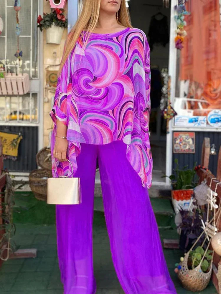 Women Chiffon Two Piece Set Printed Long Sleeve Top Wide Leg Pants - Image 4