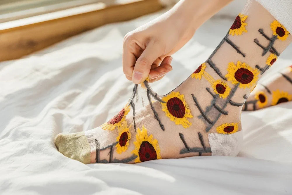 BotaniBabe Sheer Bloom Socks – Embroidered Crystal Silk Socks