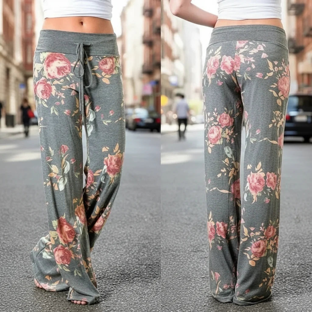 Wide-Leg Drawstring Lounge Pants with Floral and Camo Prints