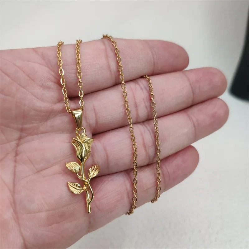 Vintage Summer Accessories Stainless Steel Pendant Necklaces Women's Jewelry Rose Pendant Necklace Charms