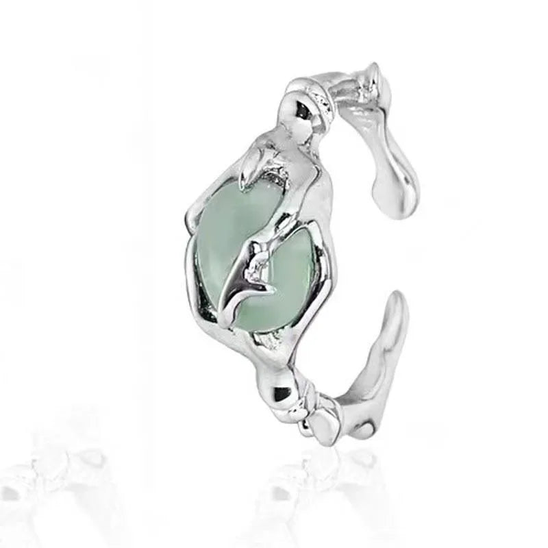 925 Sterling Silver plated Liquid Lava Hetian Jade Bamboo Ring for Women Girl Gift Irregular Vintage Jewelry Dropshipping