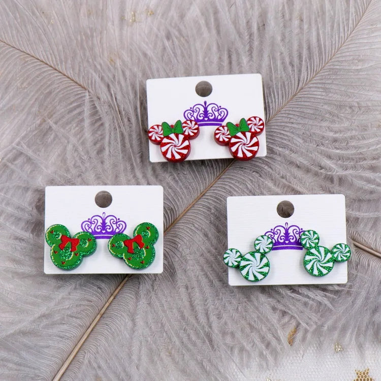 Custom Santa Hats Tree Mouse Head Turkey Glitter Acrylic Christmas Stud Earrings Stainless Steel Jewelry Wholesale