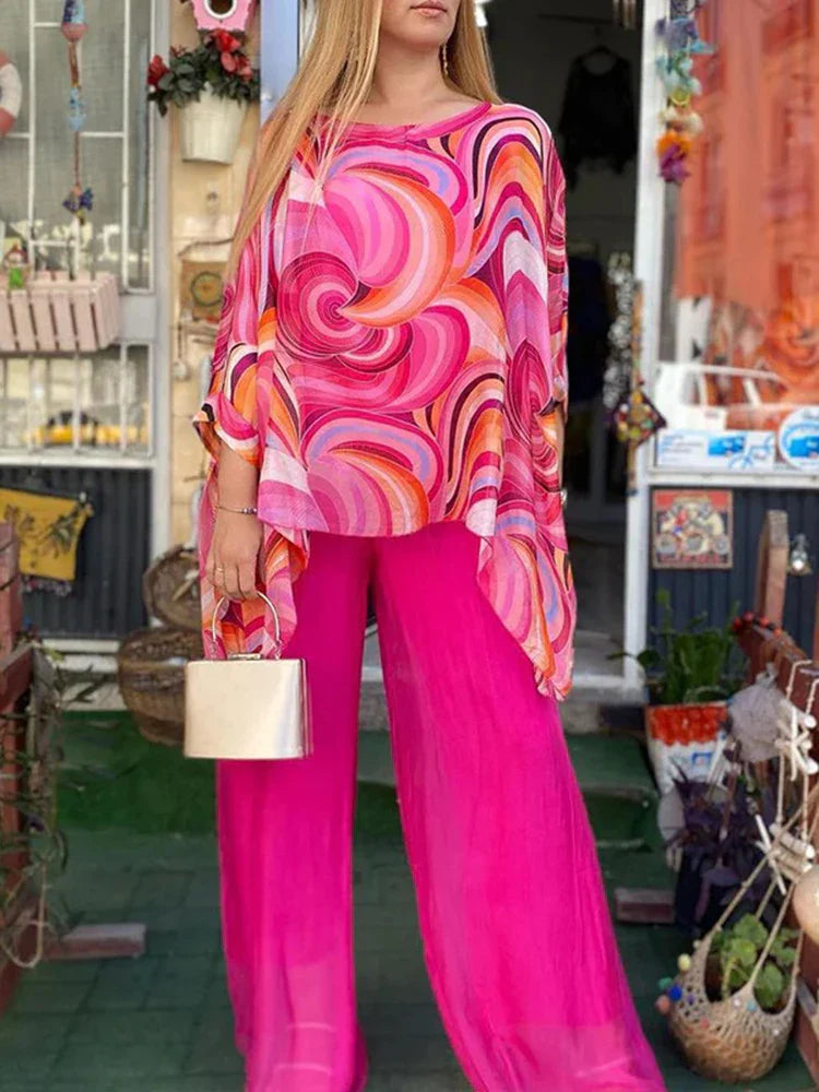 Women Chiffon Two Piece Set Printed Long Sleeve Top Wide Leg Pants - Image 7