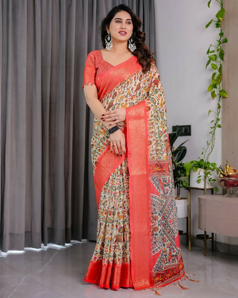PR Fashion Cream Pure Handloom Linen Saree