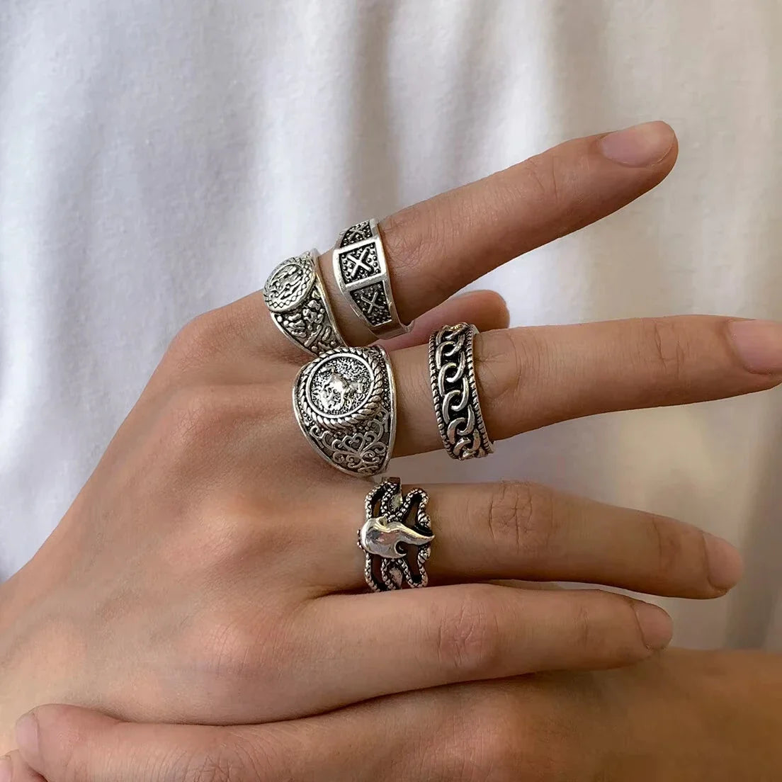 5Pcs/Set Goth Totem Horse Flame Antique Silver Color Rings for Men Unisex Punk Carved Knuckle Male Jewelry Accessories Steampunk