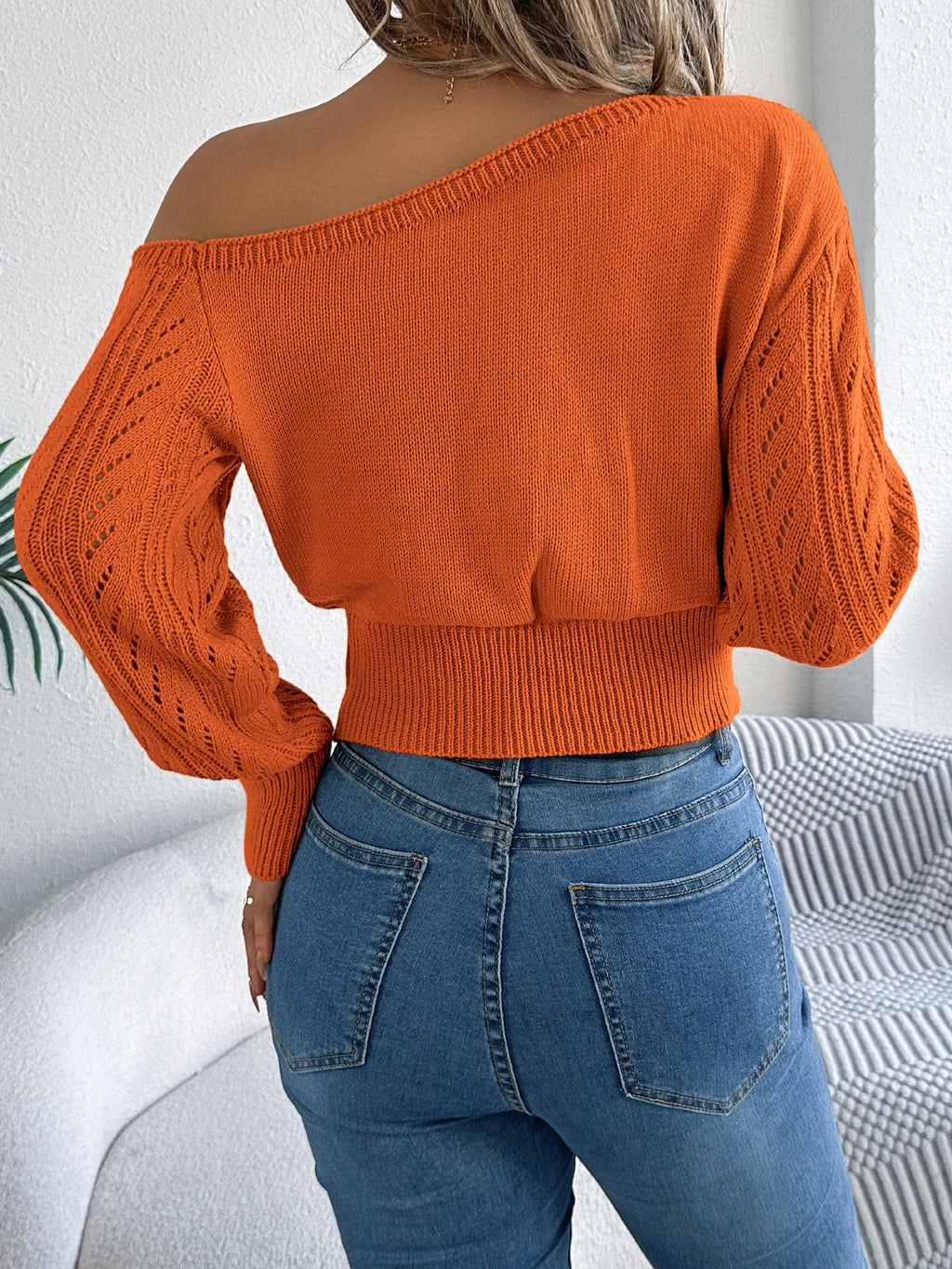 Women Off Shoulder Knitted Long Sleeve Pullover Sweater - Image 2