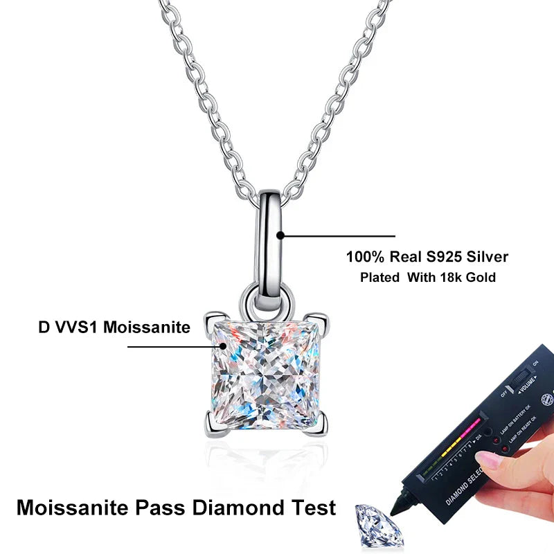 NeeTim 1ct Princess Cut Moissanite Necklace Pendant S925 Sterling Silver Party Wedding Dimond Necklaces For Women Certified