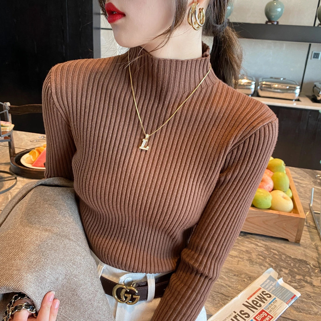 Women Mock Neck Ribbed Knit Pullover Long Sleeve Slim Fit Sweater - Image 30