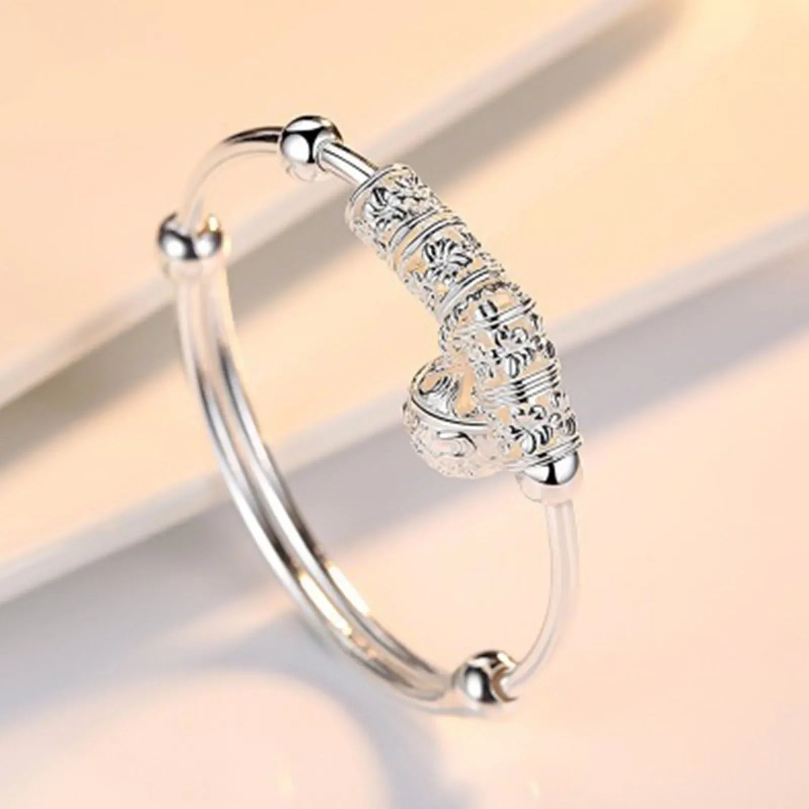 Fine Silver Color Hollow Bells Ball Bangles Adjustable Bracelets for Women Fashion Holiday Gifts Party Wedding Jewelry