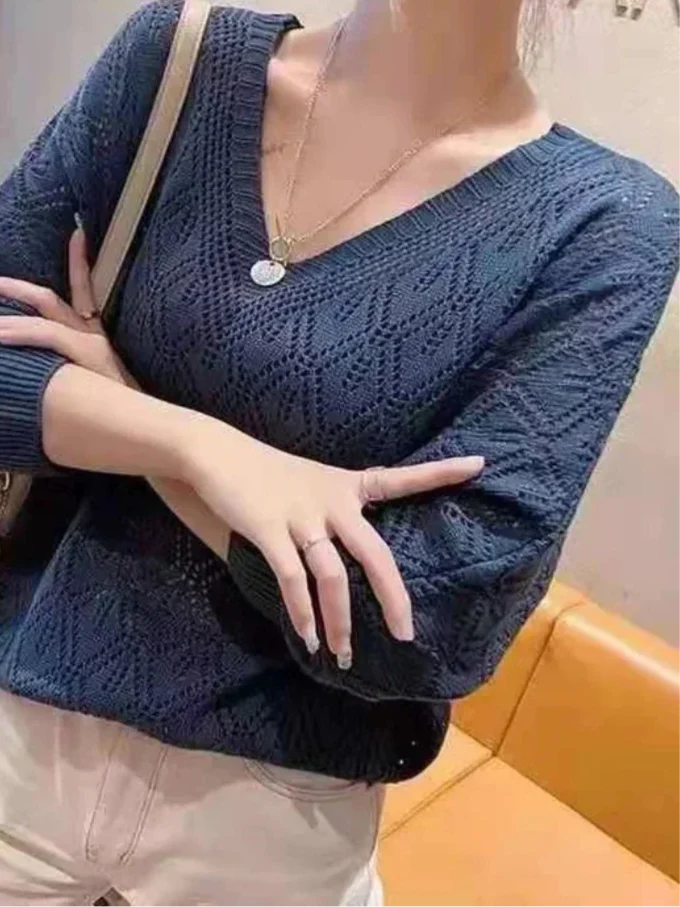 Women's V-Neck Crochet Hollow Knit Pullover Sweater Long Sleeve - Image 2