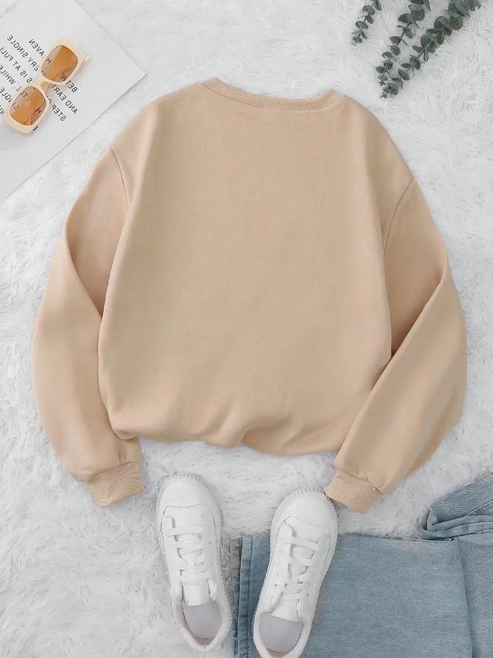 Women Beige Teddy Bear Print Crewneck Pullover Sweatshirt - Image 3