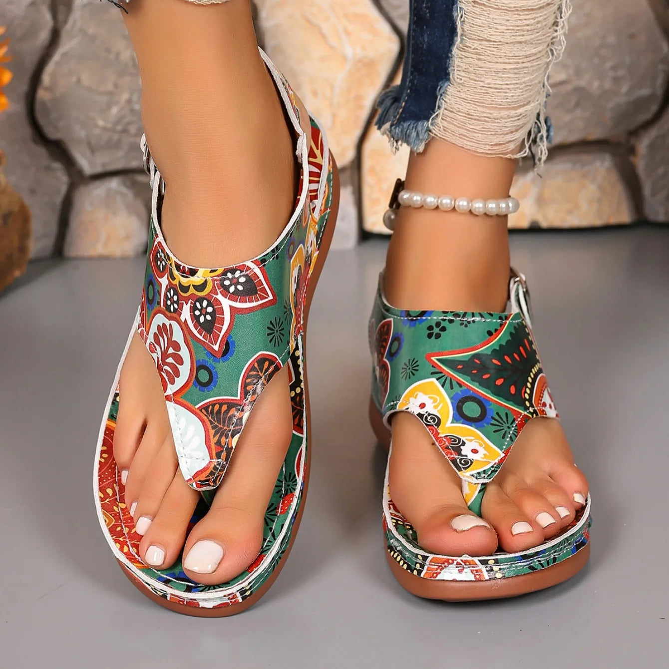Women's Floral Wedge Sandals Comfortable Casual Outdoor Thong Shoes - Image 15
