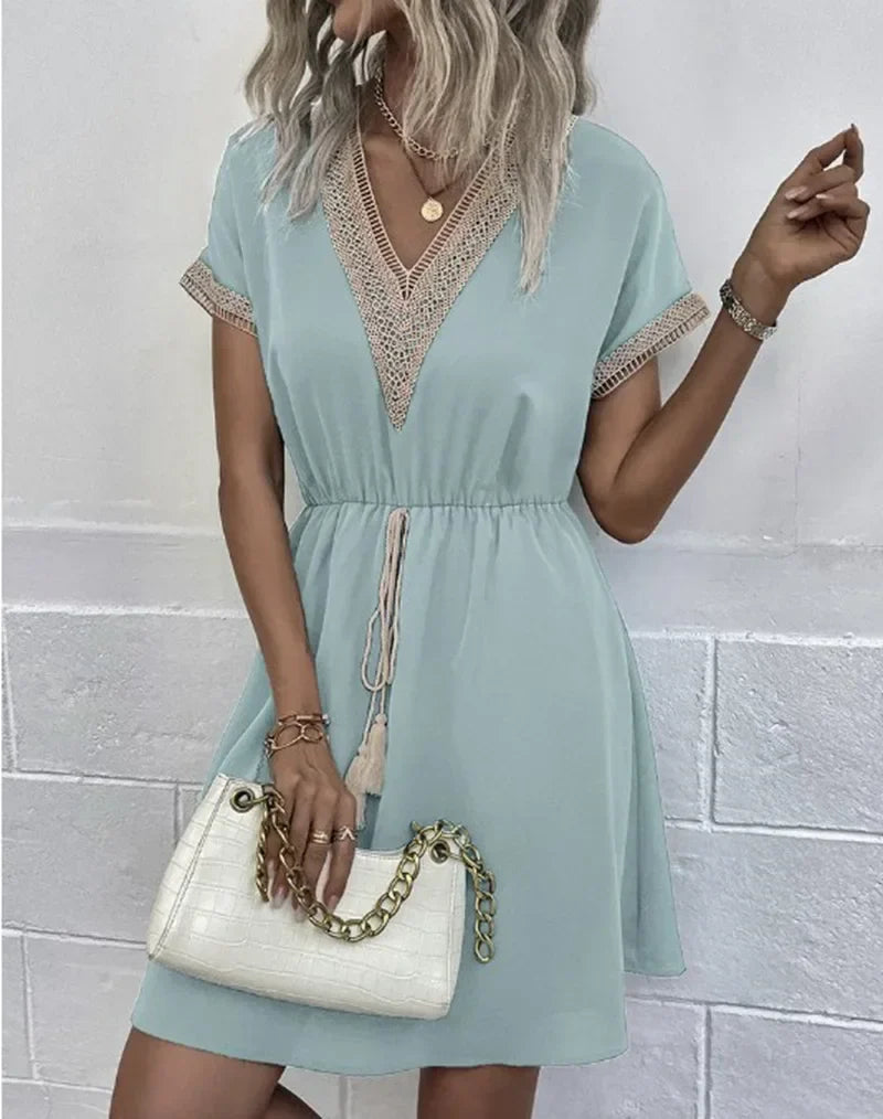 Short Sleeve V-neck Ruffle Waist Cross-border  Elastic Waist Dress