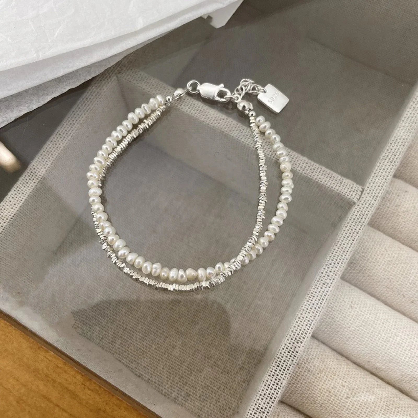 925 Silver Double Layer Pearl Bracelet for Women Girl Design Bead  Jewelry