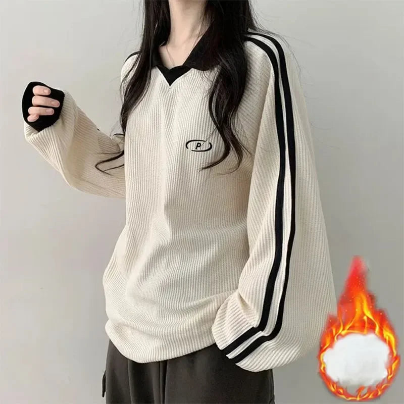 Women Long Sleeve Polo Pullover Sweater Striped Casual Top - Image 18