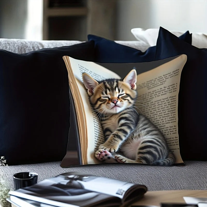 VIKAMA Creative Sleeping Cat Fashion Design Printed Pillowcase, Machine Washable, Indoor Sofa Home Cushion Pillowcase