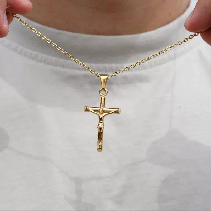 Classic Jesus Cross Necklace 18K Gold Plated Stainless Steel Religious Jewelry Polished & Durable for Men Women Christians