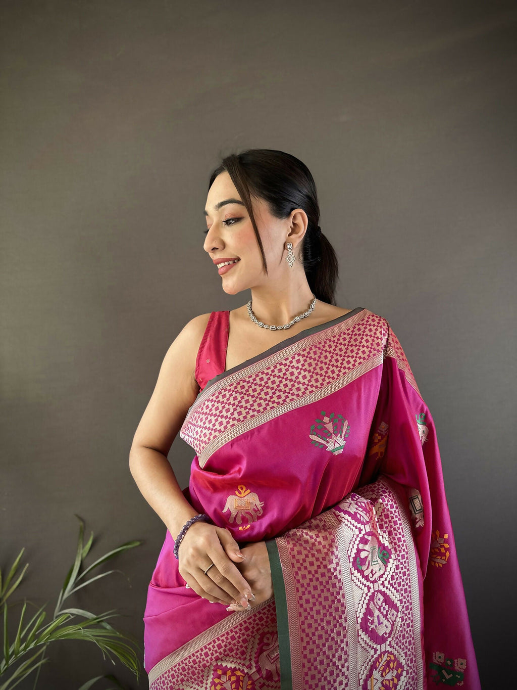 Pink Banarasi Saree with Elephant and Floral Motifs in Lichi Silk
