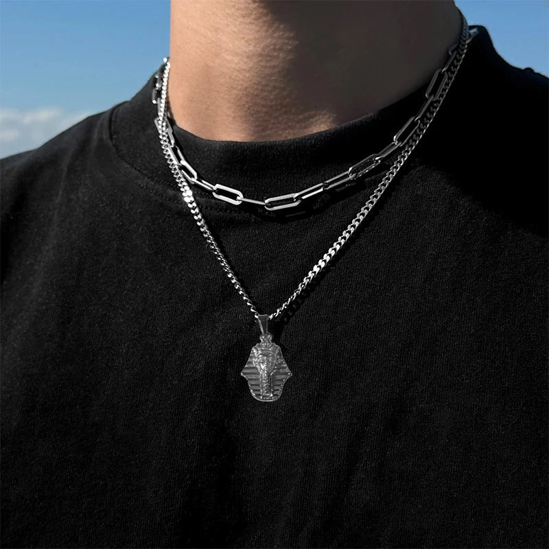 18K Gold Plated Stainless Steel Pendant Vintage Egyptian Pharaoh Portrait Lion Skull & Ghost Hand Charms Trendy Jewelry