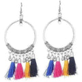 Oxidized silver ring earrings with multi-color silk thread accents