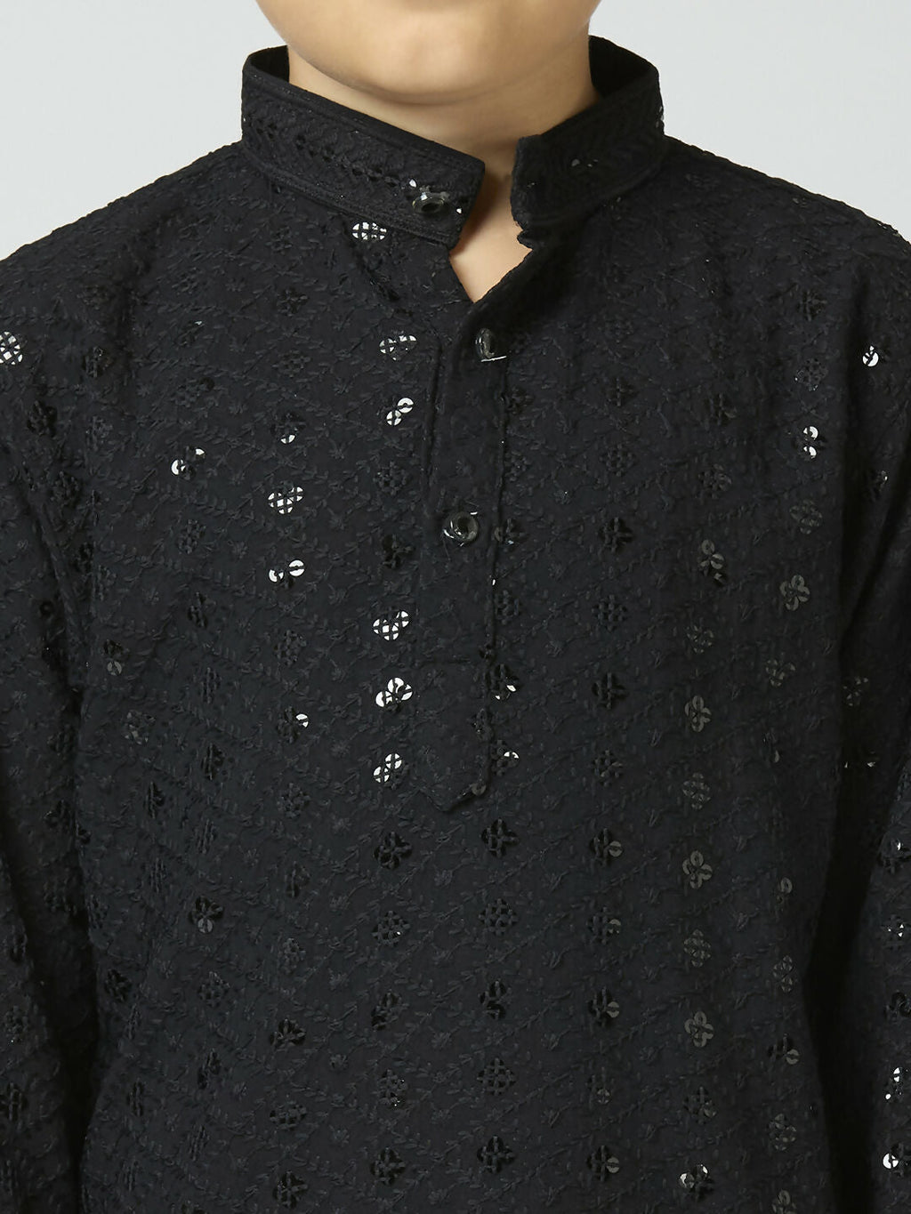 Boys Cotton Kurta and Pyjama Set with Sequin Work - Black
