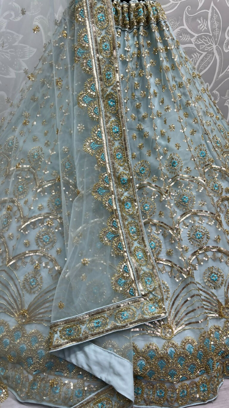 Sky Blue Bridal Net Lehenga Choli with Sequins & Handwork