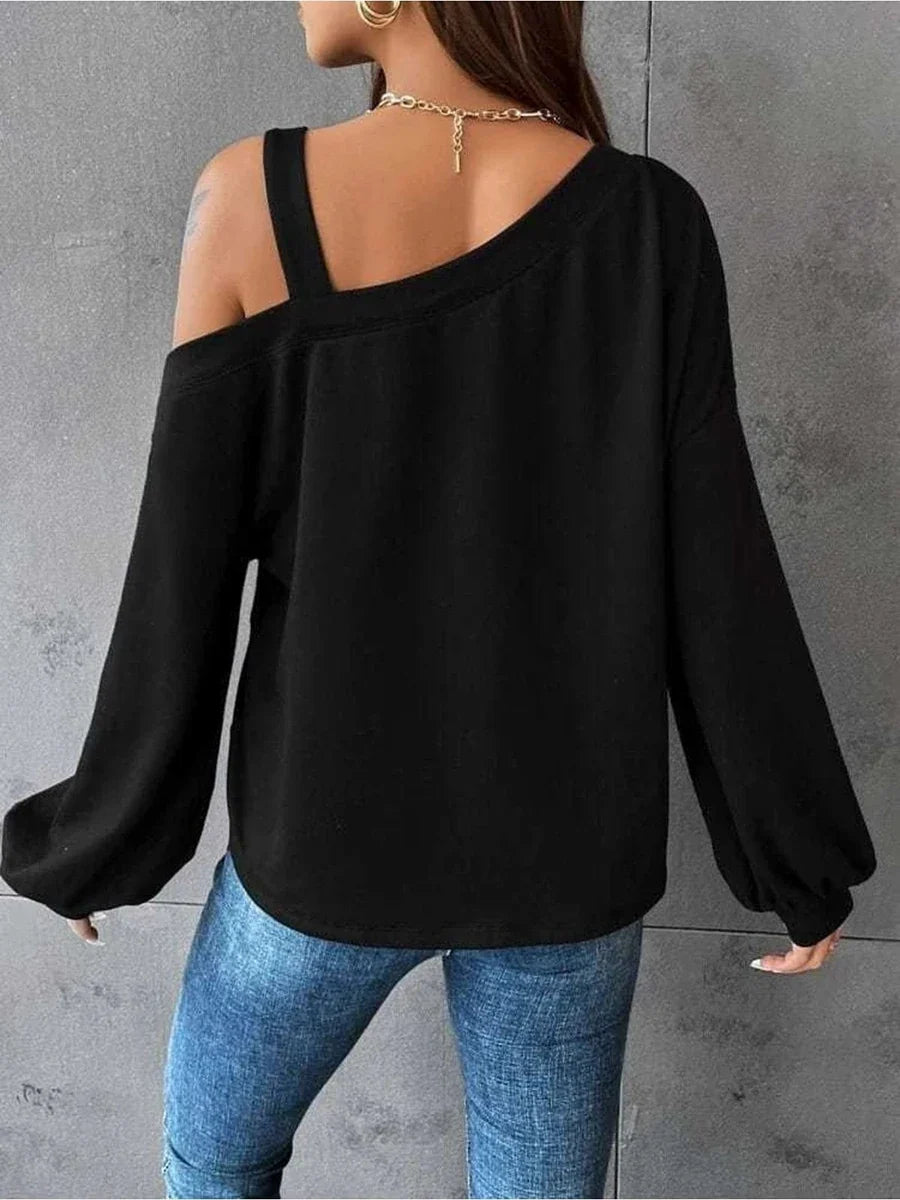 Plus Size Black One Shoulder Lantern Sleeve Knit Pullover