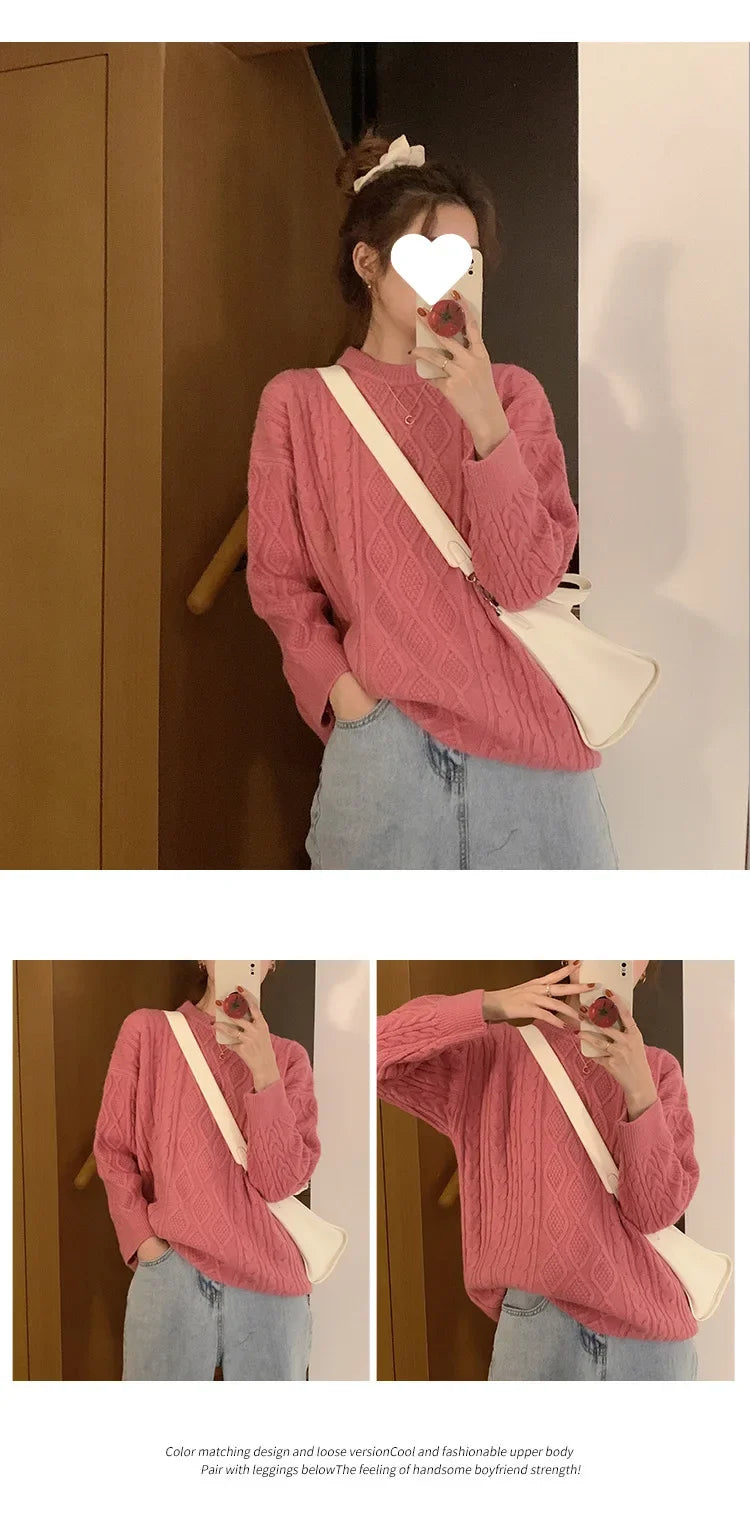 Women's Pink Cable Knit Crew Neck Long Sleeve Sweater - Image 13