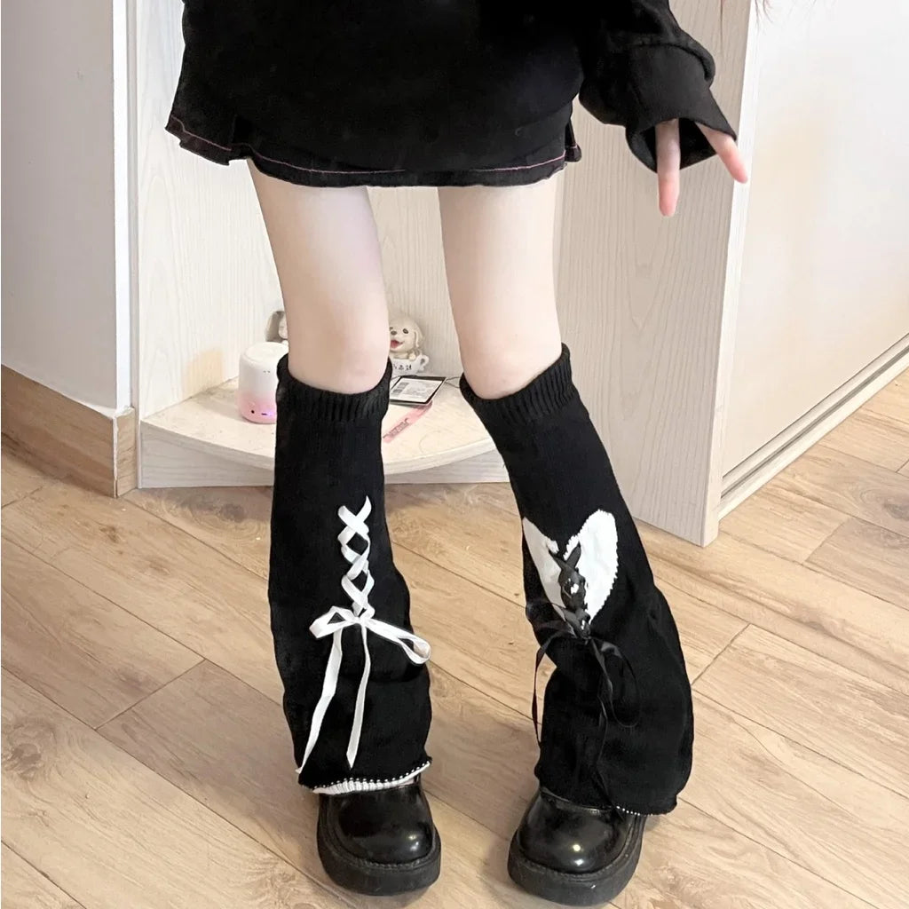 Y2K Punk Knitted Leg Warmers Black White Heart Star Argyle Style - Image 20