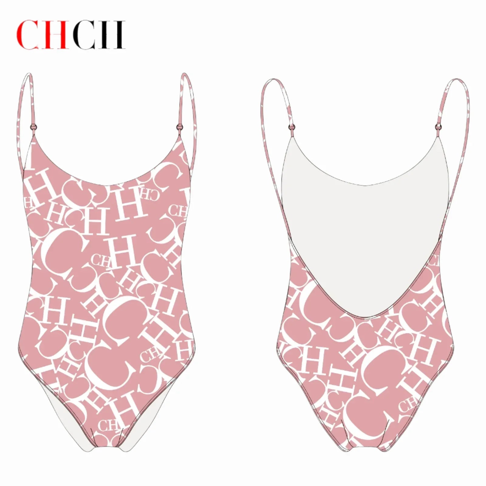 Women's Pink CH Letter Print One-Piece Swimsuit for Beach - Image 3