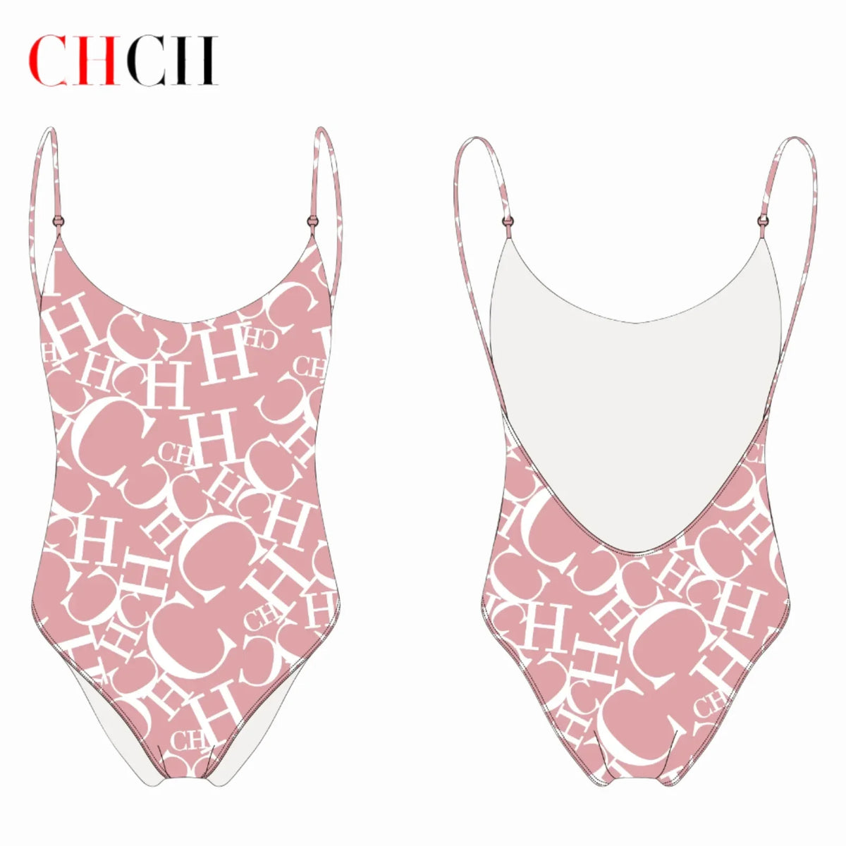 Women's Pink CH Letter Print One-Piece Swimsuit for Beach - Image 3